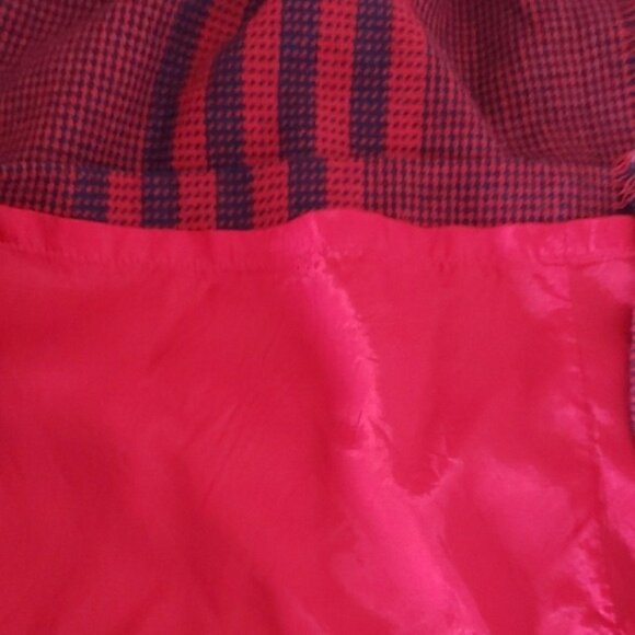 Vintage Red Navy Blue Plaid 80s Office Midi Skirt Timeless Retro Fringe Wrap - Picture 7 of 8